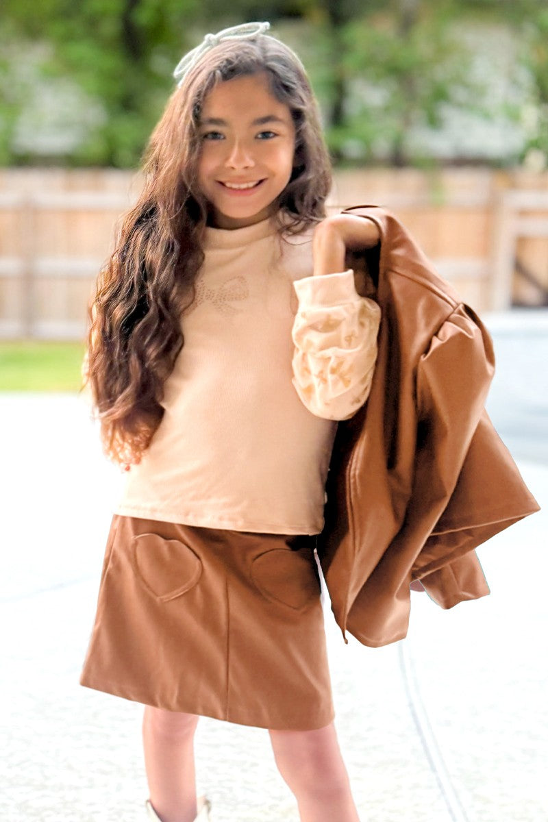 Girl's 3PC Caramel Pleather Skirt Set