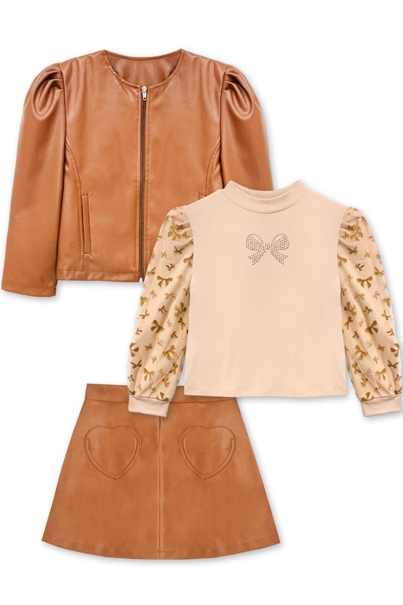 Girl's 3PC Caramel Pleather Skirt Set