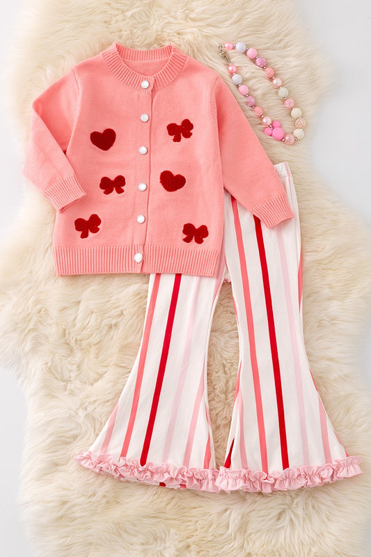 Coral Knit Cardigan with Stripe Pants