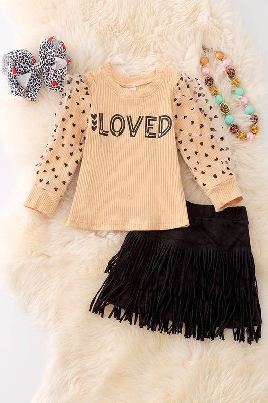 Girls Long Sleeve "Loved" Top & Black Fringe Skirt