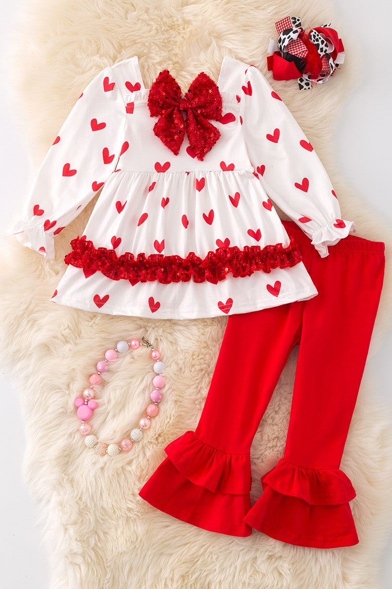 Heart Print Top with Sequin Bow 2PC Set