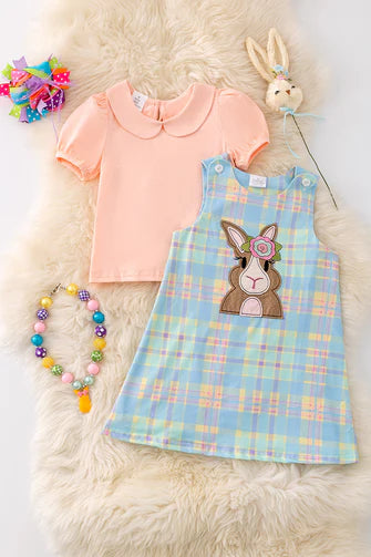 Bunny Applique Dress with Peach Bubble Sleeve Top