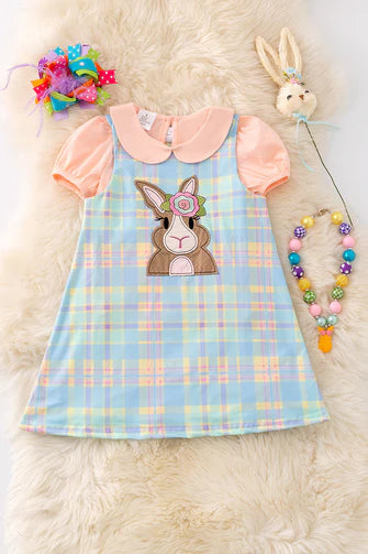 Bunny Applique Dress with Peach Bubble Sleeve Top