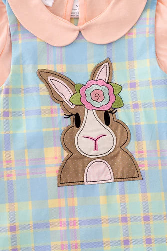 Bunny Applique Dress with Peach Bubble Sleeve Top