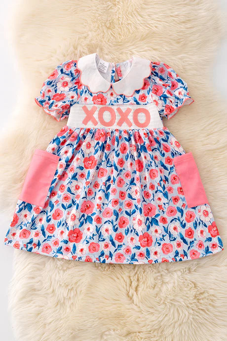 XOXO Smocking Coral & Blue Floral Print Dress