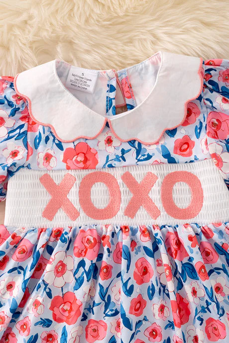 XOXO Smocking Coral & Blue Floral Print Dress