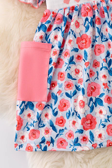 XOXO Smocking Coral & Blue Floral Print Dress