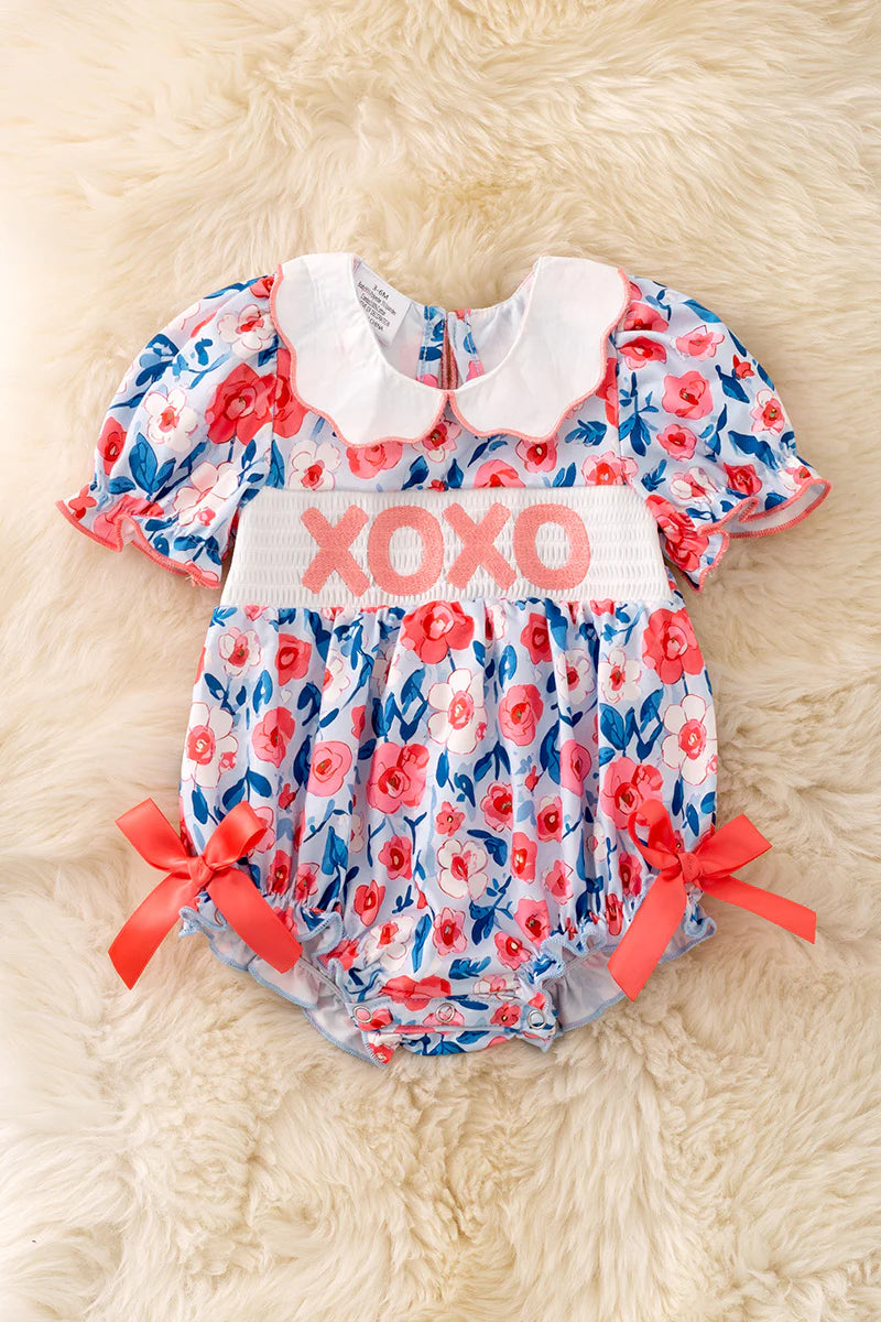 XOXO Smocking Coral & Blue Floral Print Bubble