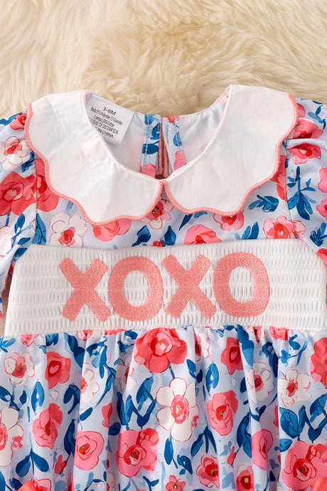 XOXO Smocking Coral & Blue Floral Print Bubble