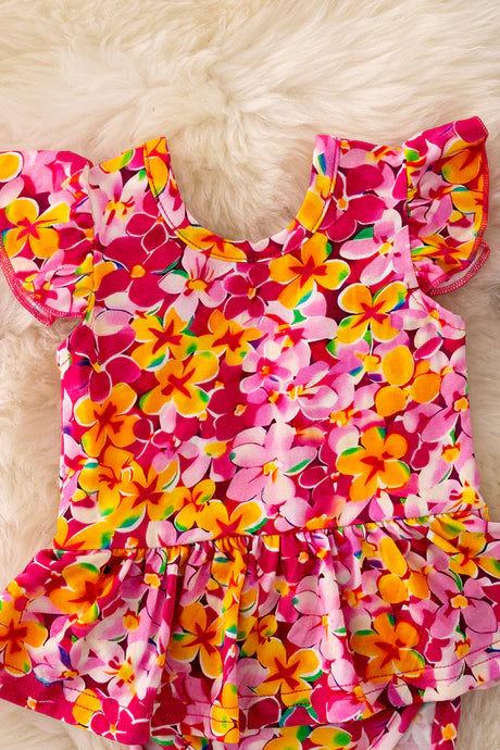 Fuchsia & Pink with Yellow Floral Print Onesie