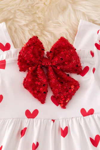 Heart Print Top with Sequin Bow 2PC Set