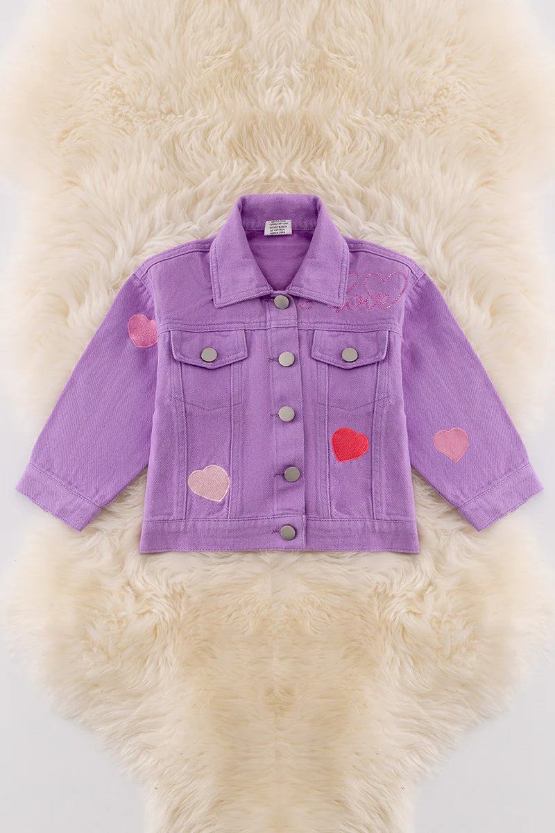 Girls Purple Embroidered Heart Denim Jacket