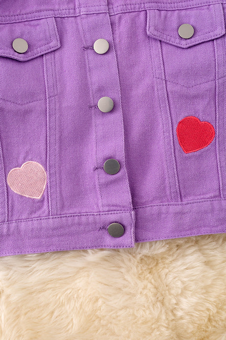 Girls Purple Embroidered Heart Denim Jacket