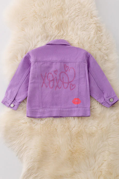 Girls Purple Embroidered Heart Denim Jacket