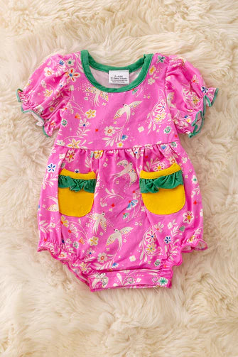 Bamboo Romper with Bird and Floral Print