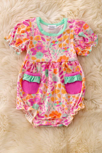 Bamboo Fuchsia & Orange Floral Romper with Pockets