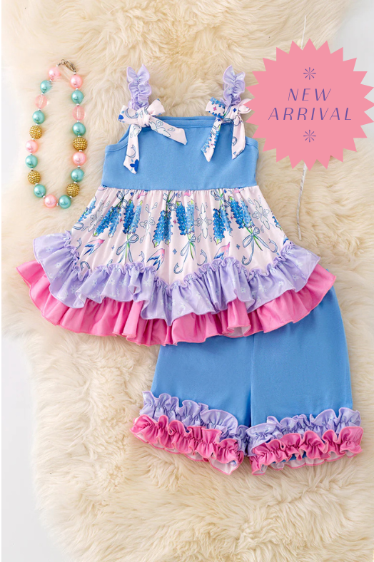 Blue Floral Ruffle 2PC Shorts Set